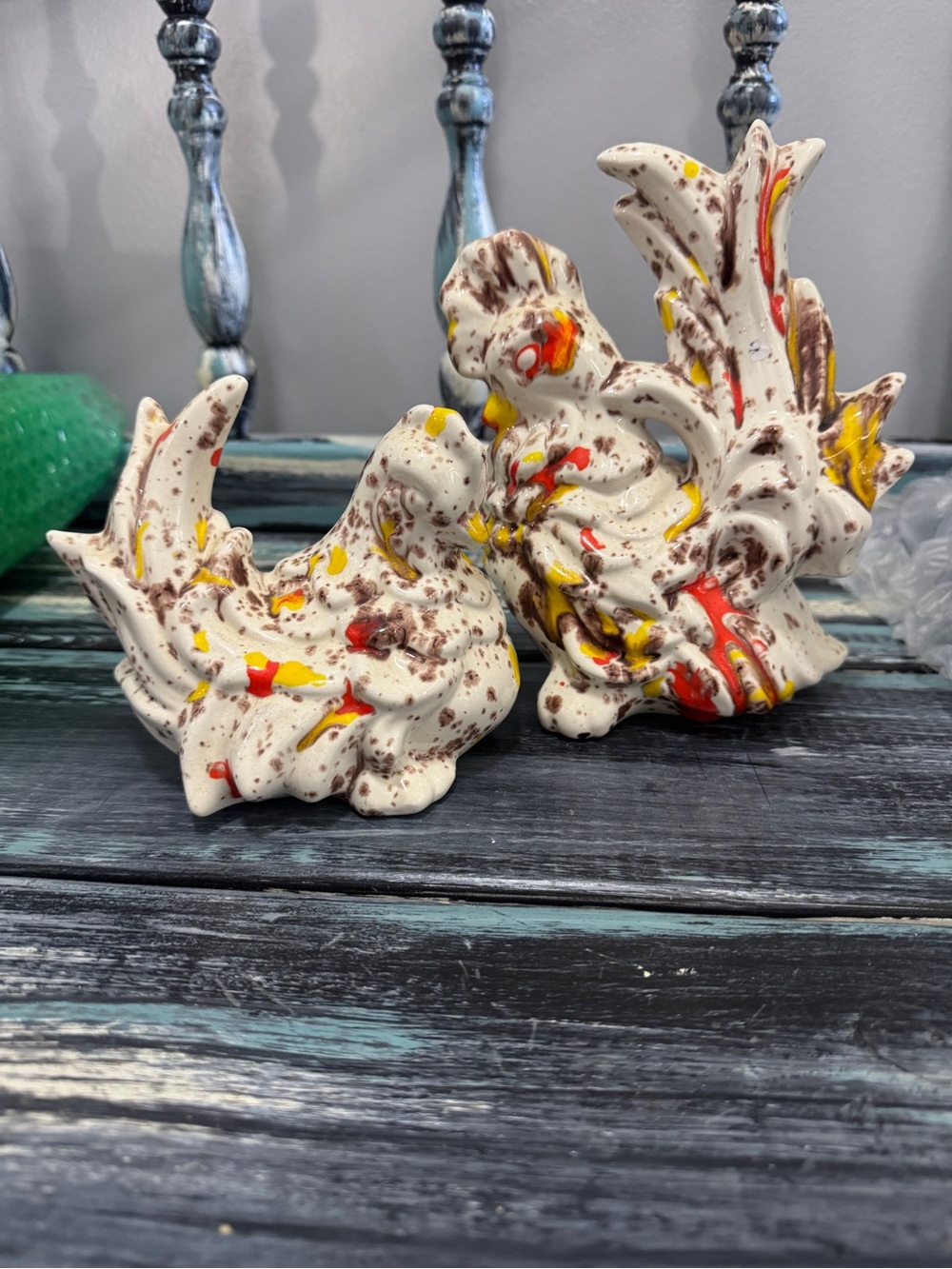 Ceramic Decorative Bird/Chicken Figurines - White with Yellow & Red Accents